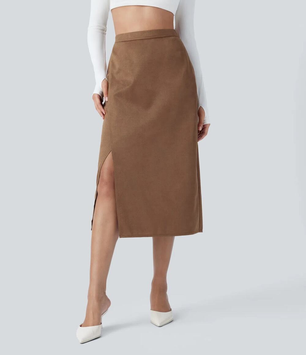 NWT Halara Midi Work Pencil Skirt Split Suede High Waist Pull On Brown Size M